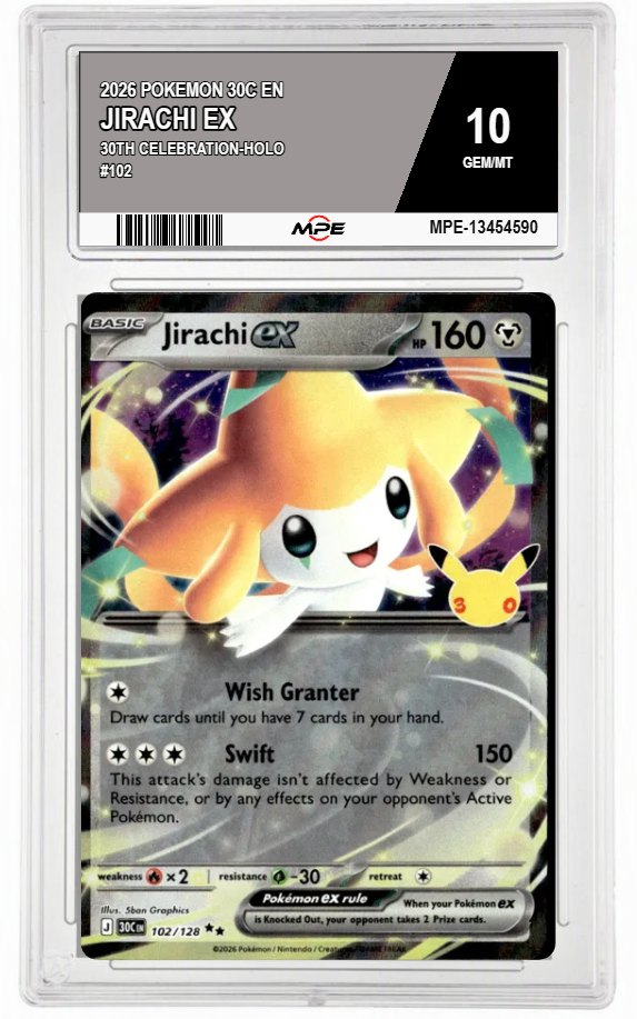 2026 POKEMON 30C EN 30th Celebration-HOLO #102 JIRACHI EX MPE 10 GEM/MT — graded card auctioned from the MPE vault