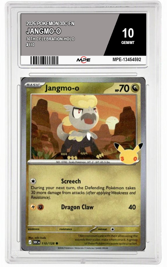 2026 POKEMON 30C EN 30th Celebration-HOLO #110 JANGMO-O MPE 10 GEM/MT — graded card auctioned from the MPE vault