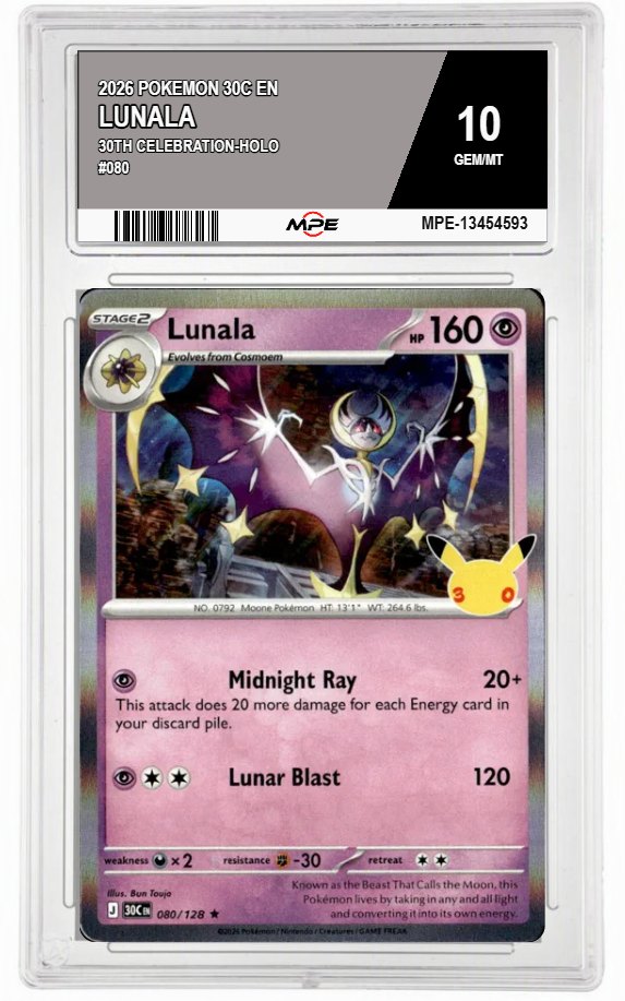 2026 POKEMON 30C EN 30th Celebration-HOLO #080 LUNALA MPE 10 GEM/MT — graded card auctioned from the MPE vault