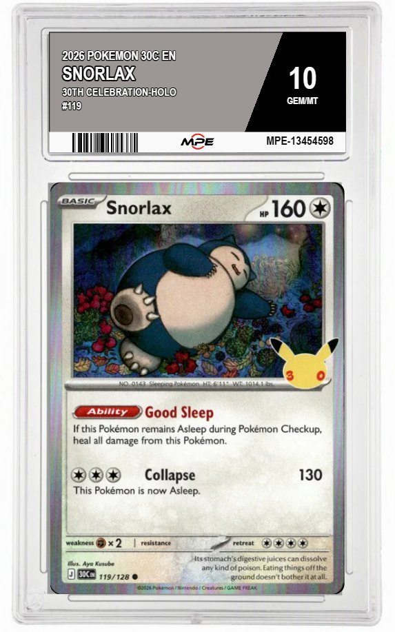 2026 POKEMON 30C EN 30th Celebration-HOLO #119 SNORLAX MPE 10 GEM/MT — graded card auctioned from the MPE vault