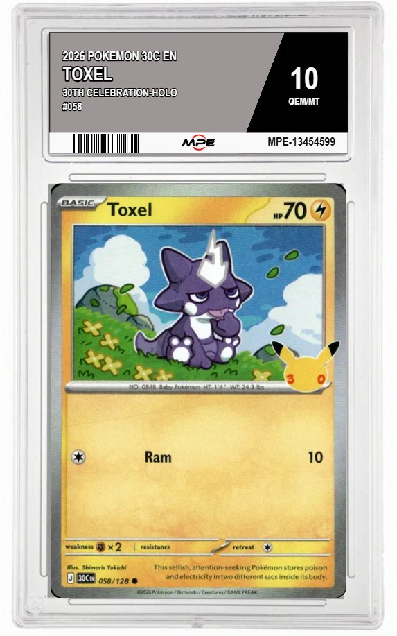 2026 POKEMON 30C EN 30th Celebration-HOLO #058 TOXEL MPE 10 GEM/MT — graded card auctioned from the MPE vault
