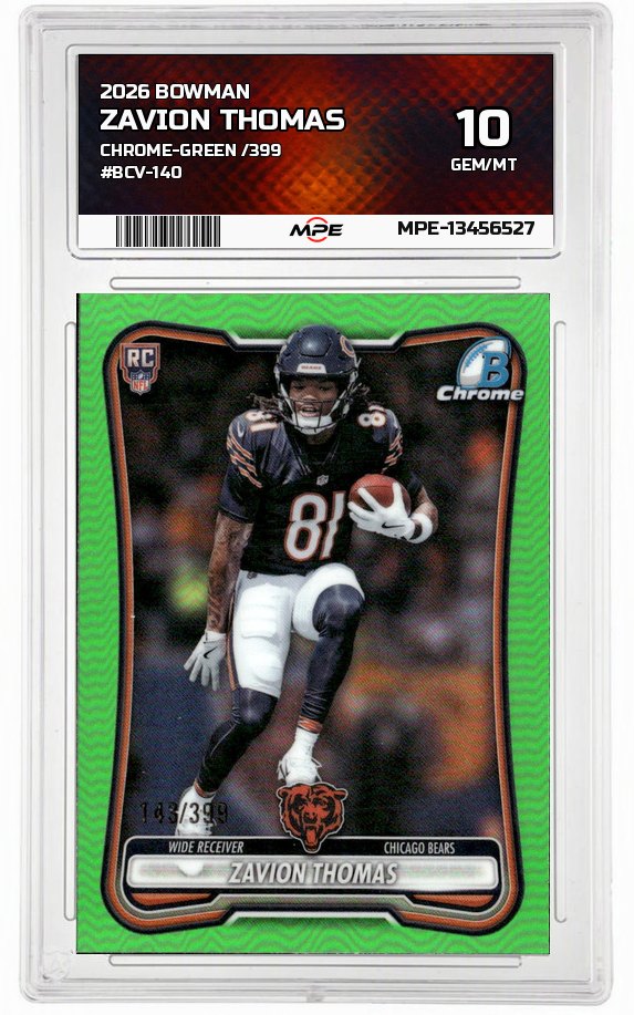2026 BOWMAN CHROME-GREEN /399 #BCV-140 ZAVION THOMAS MPE 10 GEM/MT — graded card auctioned from the MPE vault