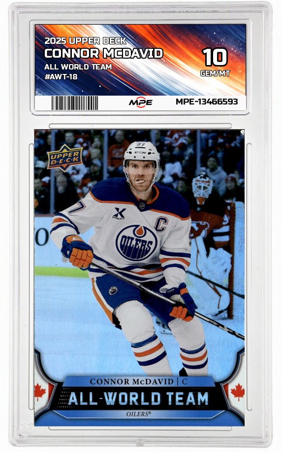 2025 UPPER DECK ALL WORLD TEAM #AWT-18 CONNOR MCDAVID MPE 10 GEM/MT — graded card auctioned from the MPE vault