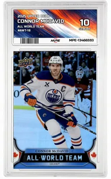 2025 UPPER DECK ALL WORLD TEAM #AWT-18 CONNOR MCDAVID MPE 10 GEM/MT — graded card up for auction