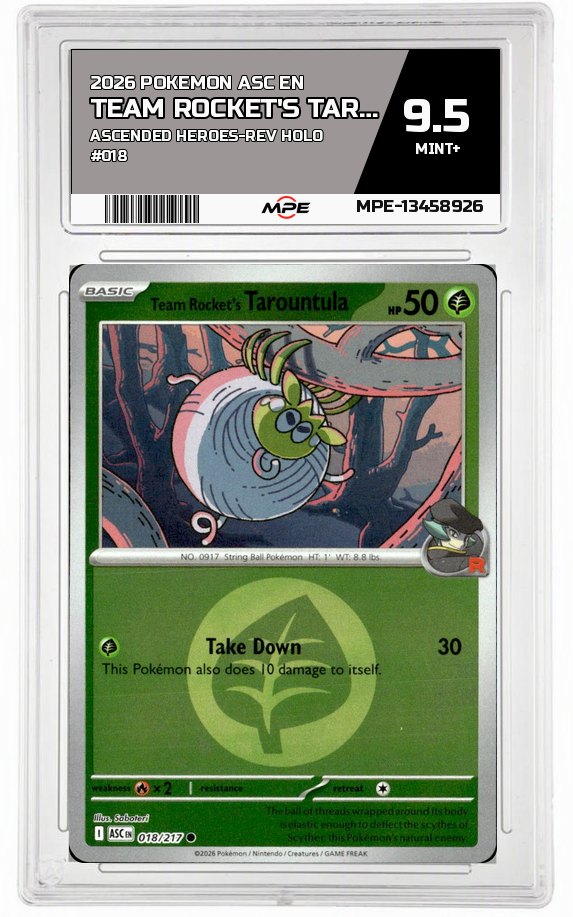 2026 POKEMON ASC EN ASCENDED HEROES-REV HOLO #018 TEAM ROCKET'S TAROUNTULA MPE 9.5 MINT+ — graded card auctioned from the MPE vault