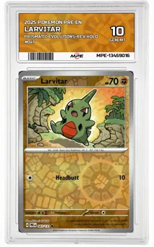 2025 POKEMON PRE EN PRISMATIC EVOLUTIONS-REV HOLO #047 LARVITAR MPE 10 GEM/MT — graded card up for auction