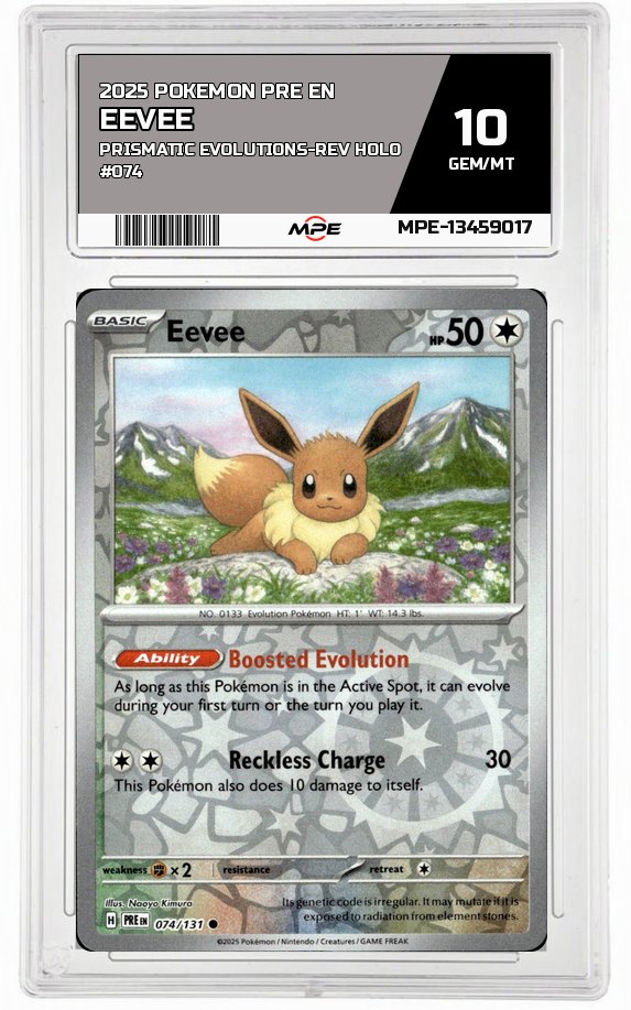 2025 POKEMON PRE EN PRISMATIC EVOLUTIONS-REV HOLO #074 EEVEE MPE 10 GEM/MT — graded card auctioned from the MPE vault