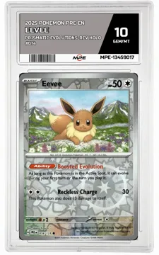 2025 POKEMON PRE EN PRISMATIC EVOLUTIONS-REV HOLO #074 EEVEE MPE 10 GEM/MT — graded card up for auction