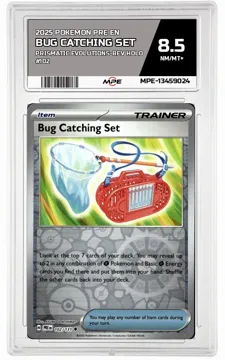 2025 POKEMON PRE EN PRISMATIC EVOLUTIONS-REV HOLO #102 BUG CATCHING SET MPE 8.5 NM/MT+ — graded card up for auction