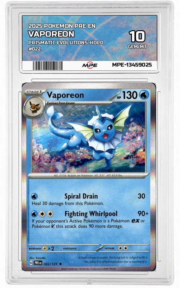 2025 POKEMON PRE EN PRISMATIC EVOLUTIONS-HOLO #022 VAPOREON MPE 10 GEM/MT — graded card auctioned from the MPE vault