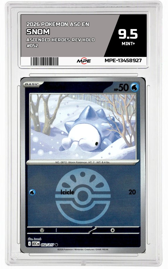 2026 POKEMON ASC EN ASCENDED HEROES-REV HOLO #052 SNOM MPE 9.5 MINT+ — graded card auctioned from the MPE vault