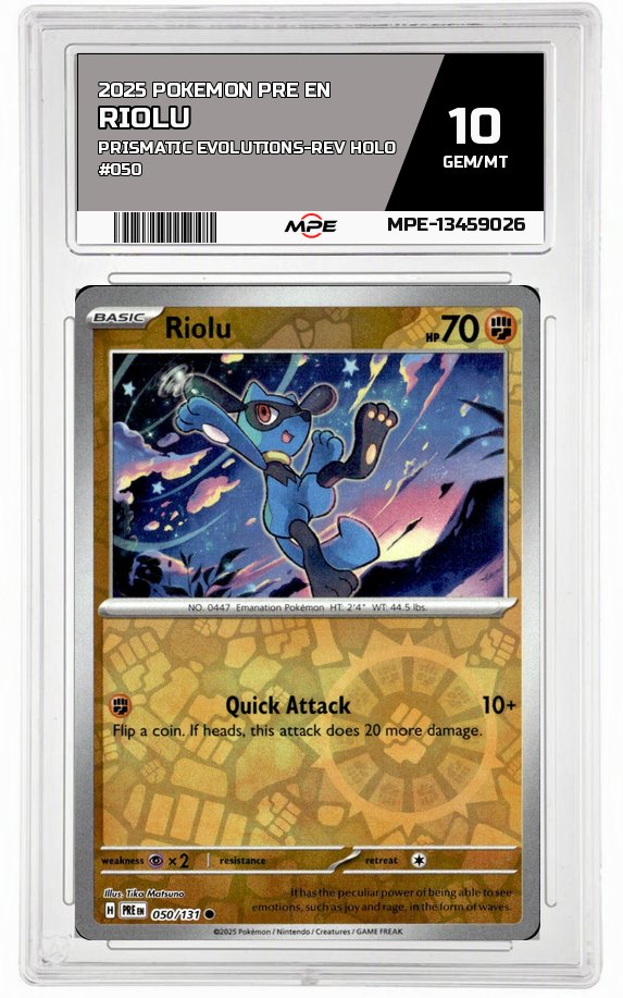 2025 POKEMON PRE EN PRISMATIC EVOLUTIONS-REV HOLO #050 RIOLU MPE 10 GEM/MT — graded card auctioned from the MPE vault