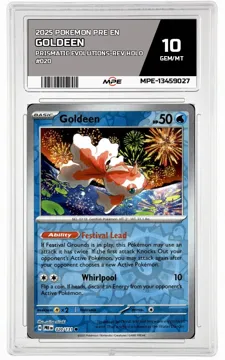 2025 POKEMON PRE EN PRISMATIC EVOLUTIONS-REV HOLO #020 GOLDEEN MPE 10 GEM/MT — graded card up for auction