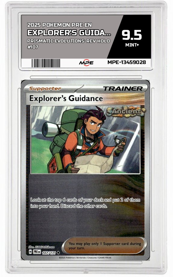2025 POKEMON PRE EN PRISMATIC EVOLUTIONS-REV HOLO #107 EXPLORER'S GUIDANCE MPE 9.5 MINT+ — graded card auctioned from the MPE vault