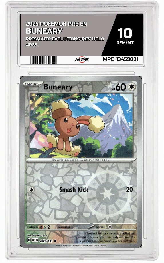 2025 POKEMON PRE EN PRISMATIC EVOLUTIONS-REV HOLO #083 BUNEARY MPE 10 GEM/MT — graded card auctioned from the MPE vault