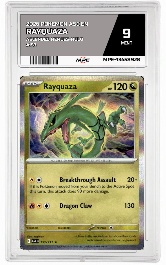 2026 POKEMON ASC EN ASCENDED HEROES-HOLO #153 RAYQUAZA MPE 9 MINT — graded card auctioned from the MPE vault