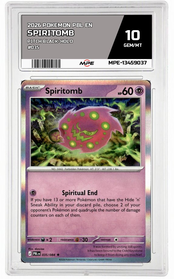 2026 POKEMON PBL EN PITCH BLACK-HOLO #035 SPIRITOMB MPE 10 GEM/MT — graded card auctioned from the MPE vault