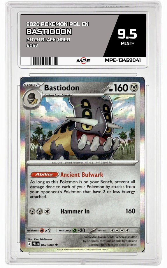 2026 POKEMON PBL EN PITCH BLACK-HOLO #062 BASTIODON MPE 9.5 MINT+ — graded card auctioned from the MPE vault