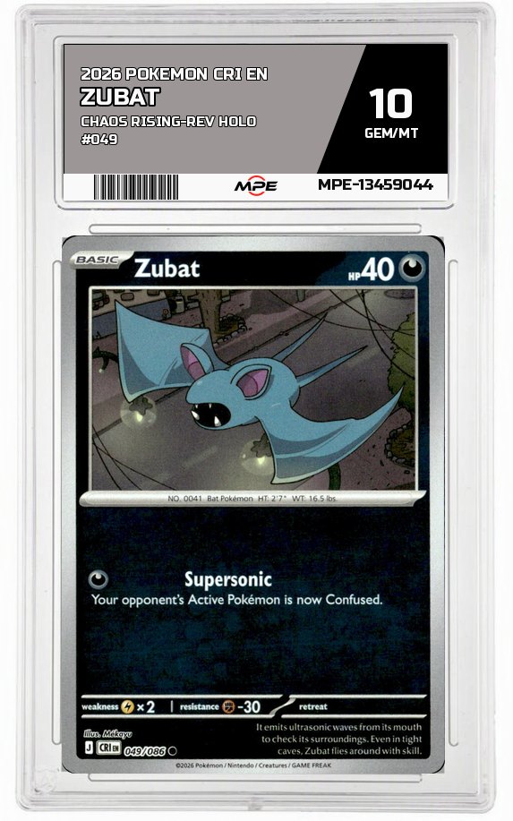 2026 POKEMON CRI EN CHAOS RISING-REV HOLO #049 ZUBAT MPE 10 GEM/MT — graded card auctioned from the MPE vault