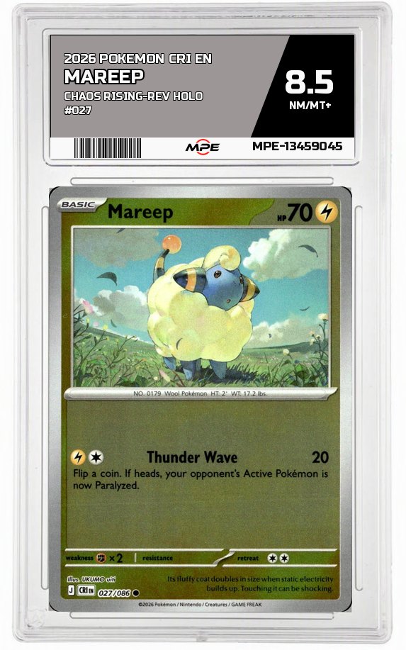 2026 POKEMON CRI EN CHAOS RISING-REV HOLO #027 MAREEP MPE 8.5 NM/MT+ — graded card auctioned from the MPE vault