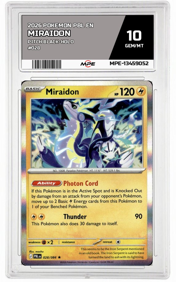 2026 POKEMON PBL EN PITCH BLACK-HOLO #028 MIRAIDON MPE 10 GEM/MT — graded card auctioned from the MPE vault