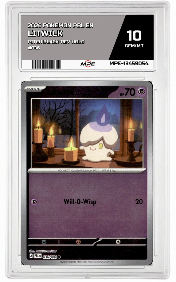 2026 POKEMON PBL EN PITCH BLACK-REV HOLO #036 LITWICK MPE 10 GEM/MT — graded card auctioned from the MPE vault