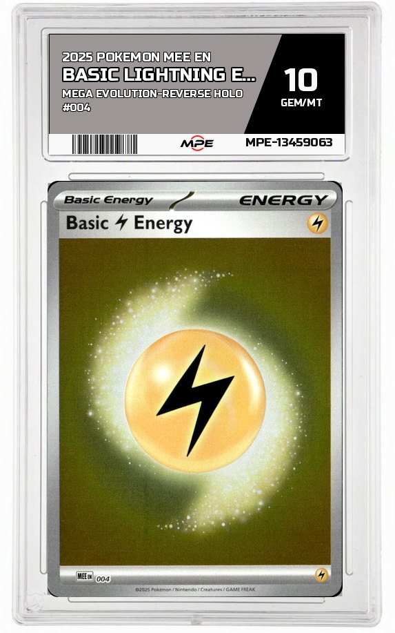 2025 POKEMON MEE EN MEGA EVOLUTION-REVERSE HOLO #004 BASIC LIGHTNING ENERGY MPE 10 GEM/MT — graded card auctioned from the MPE vault