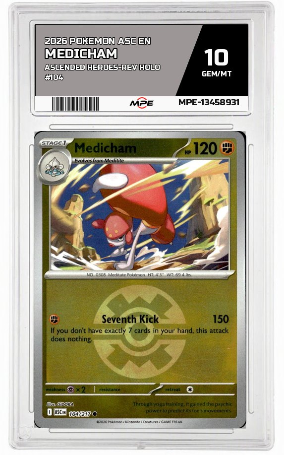 2026 POKEMON ASC EN ASCENDED HEROES-REV HOLO #104 MEDICHAM MPE 10 GEM/MT — graded card auctioned from the MPE vault