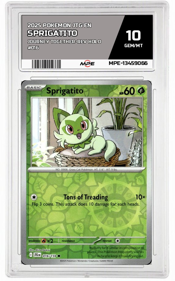 2025 POKEMON JTG EN JOURNEY TOGETHER-REV HOLO #016 SPRIGATITO MPE 10 GEM/MT — graded card auctioned from the MPE vault