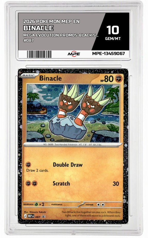2026 POKEMON MEP EN MEGA EVOLUTION PROMOS-Black Star Promo #087 BINACLE MPE 10 GEM/MT — graded card auctioned from the MPE vault