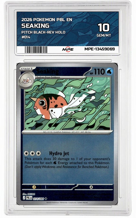 2026 POKEMON PBL EN PITCH BLACK-REV HOLO #014 SEAKING MPE 10 GEM/MT — graded card auctioned from the MPE vault