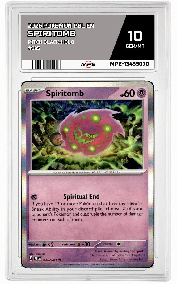 2026 POKEMON PBL EN PITCH BLACK-HOLO #035 SPIRITOMB MPE 10 GEM/MT — graded card auctioned from the MPE vault