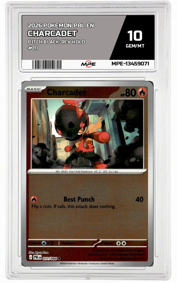 2026 POKEMON PBL EN PITCH BLACK-REV HOLO #011 CHARCADET MPE 10 GEM/MT — graded card auctioned from the MPE vault