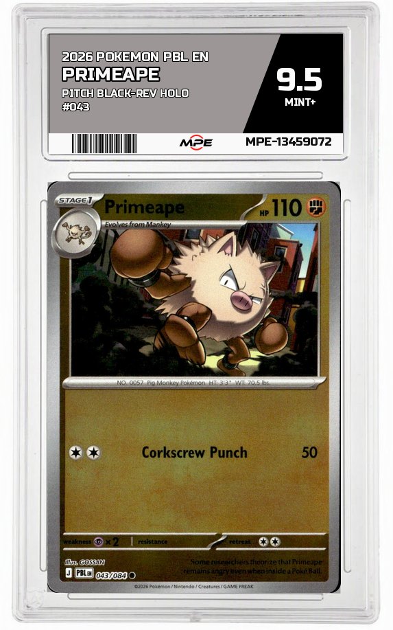 2026 POKEMON PBL EN PITCH BLACK-REV HOLO #043 PRIMEAPE MPE 9.5 MINT+ — graded card auctioned from the MPE vault