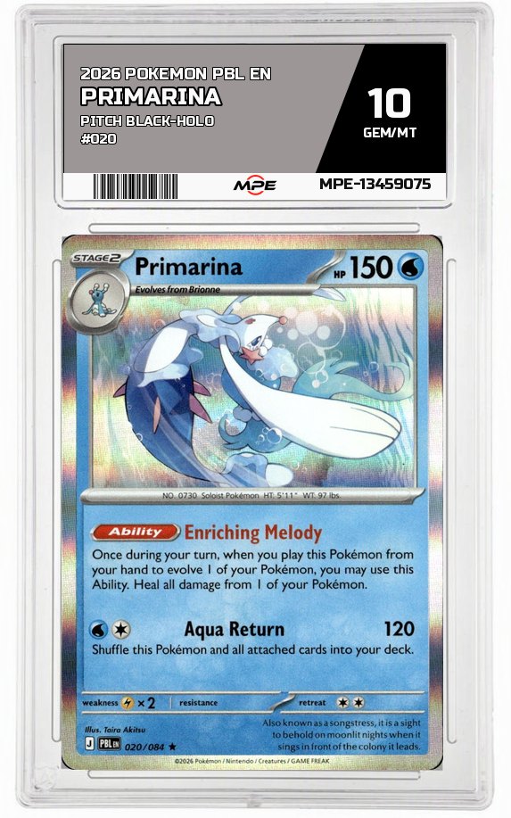 2026 POKEMON PBL EN PITCH BLACK-HOLO #020 PRIMARINA MPE 10 GEM/MT — graded card auctioned from the MPE vault