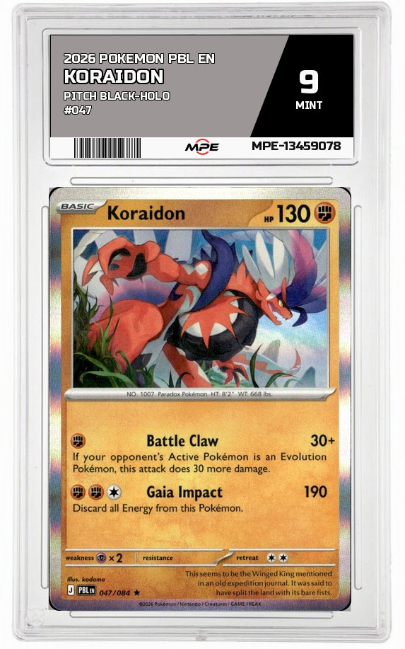 2026 POKEMON PBL EN PITCH BLACK-HOLO #047 KORAIDON MPE 9 MINT — graded card auctioned from the MPE vault