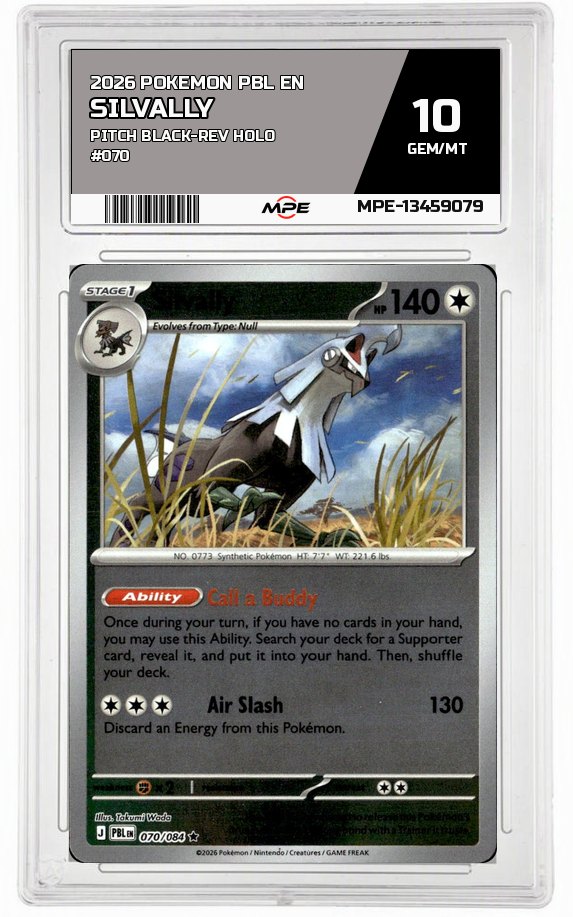 2026 POKEMON PBL EN PITCH BLACK-REV HOLO #070 SILVALLY MPE 10 GEM/MT — graded card auctioned from the MPE vault