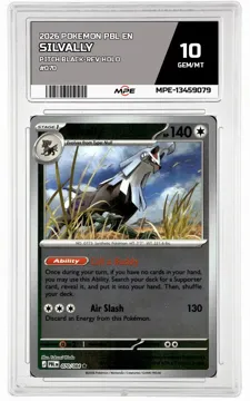 2026 POKEMON PBL EN PITCH BLACK-REV HOLO #070 SILVALLY MPE 10 GEM/MT — graded card up for auction
