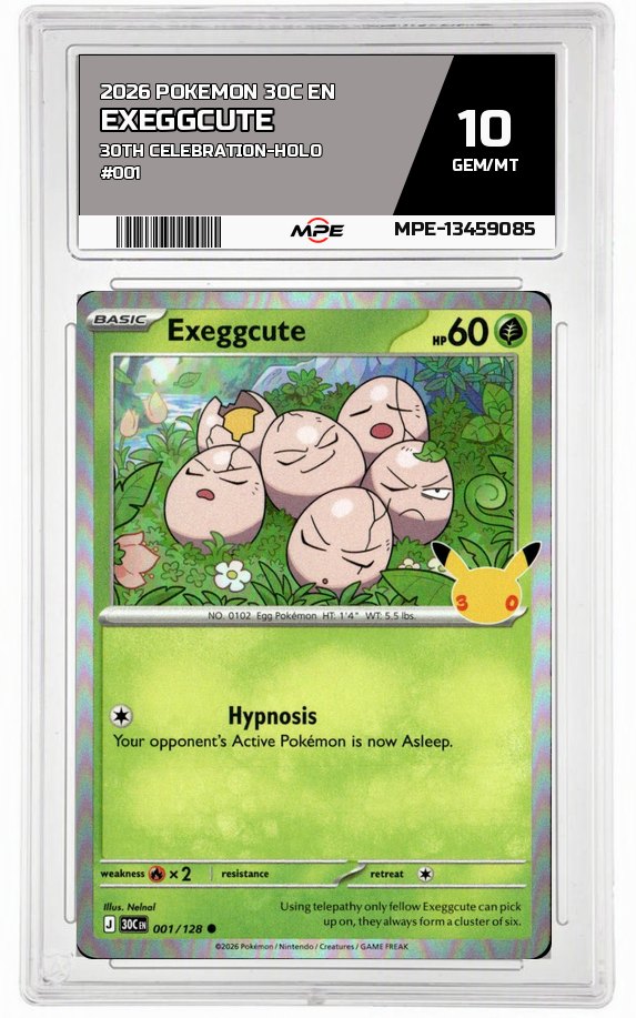 2026 POKEMON 30C EN 30TH CELEBRATION-HOLO #001 EXEGGCUTE MPE 10 GEM/MT — graded card auctioned from the MPE vault