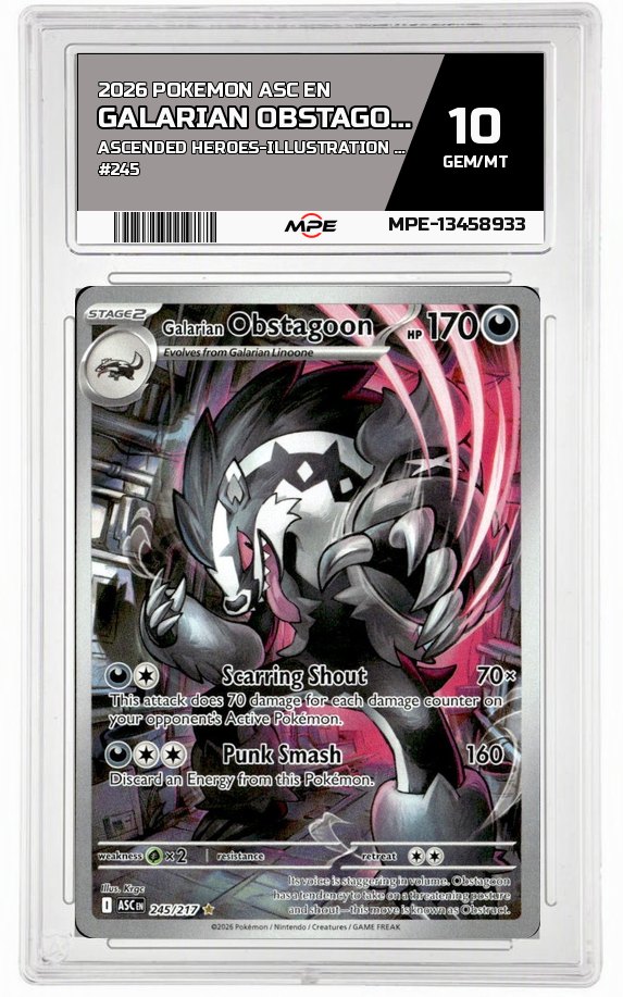 2026 POKEMON ASC EN ASCENDED HEROES-Illustration Rare #245 GALARIAN OBSTAGOON MPE 10 GEM/MT — graded card auctioned from the MPE vault