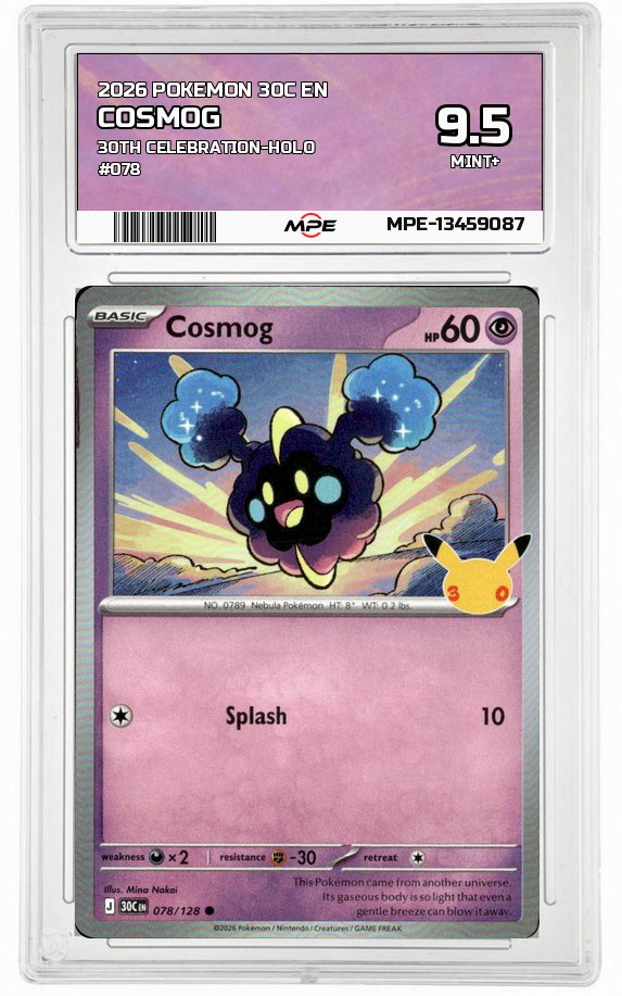 2026 POKEMON 30C EN 30TH CELEBRATION-HOLO #078 COSMOG MPE 9.5 MINT+ — graded card auctioned from the MPE vault