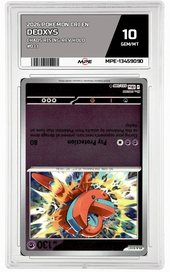 2026 POKEMON CRI EN CHAOS RISING-REV HOLO #033 DEOXYS MPE 10 GEM/MT — graded card auctioned from the MPE vault