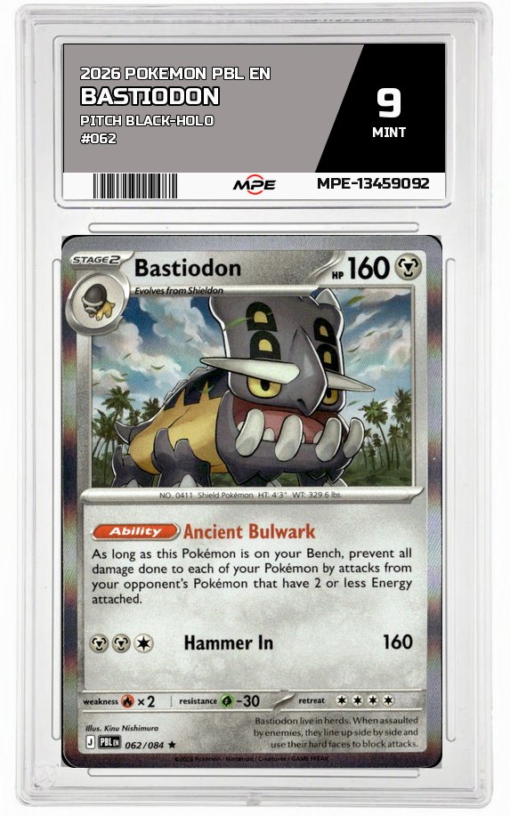 2026 POKEMON PBL EN PITCH BLACK-HOLO #062 BASTIODON MPE 9 MINT — graded card auctioned from the MPE vault