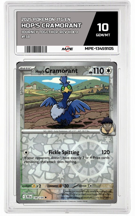 2025 POKEMON JTG EN JOURNEY TOGETHER-REV HOLO #138 HOP'S CRAMORANT MPE 10 GEM/MT — graded card auctioned from the MPE vault