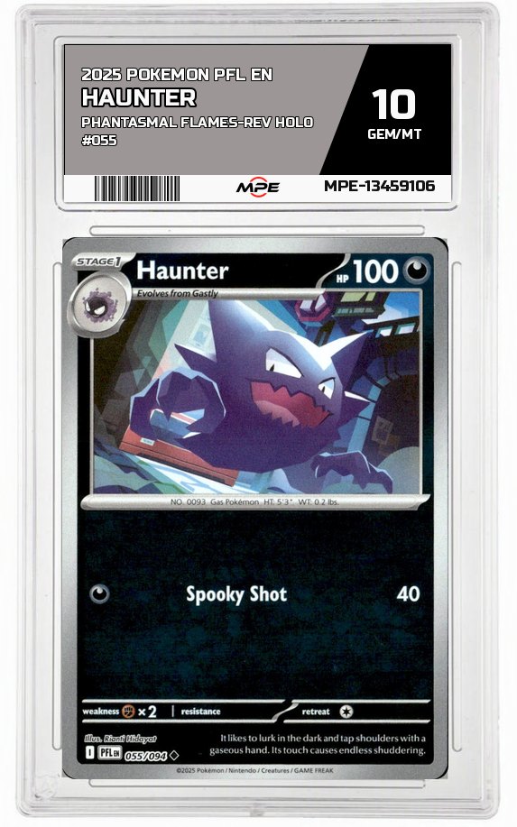 2025 POKEMON PFL EN PHANTASMAL FLAMES-REV HOLO #055 HAUNTER MPE 10 GEM/MT — graded card auctioned from the MPE vault