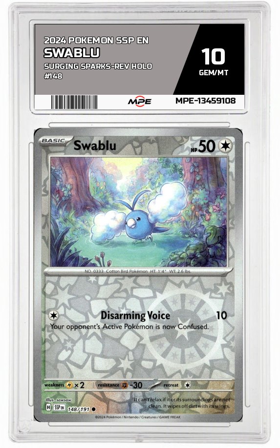2024 POKEMON SSP EN SURGING SPARKS-REV HOLO #148 SWABLU MPE 10 GEM/MT — graded card auctioned from the MPE vault