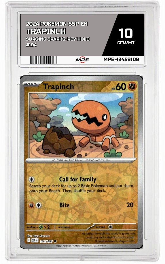 2024 POKEMON SSP EN SURGING SPARKS-REV HOLO #104 TRAPINCH MPE 10 GEM/MT — graded card auctioned from the MPE vault
