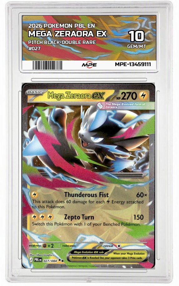 2026 POKEMON PBL EN PITCH BLACK-Double Rare #027 MEGA ZERAORA EX MPE 10 GEM/MT — graded card auctioned from the MPE vault
