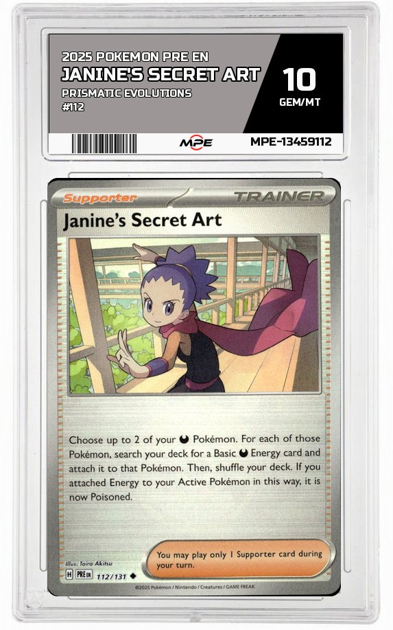 2025 POKEMON PRE EN PRISMATIC EVOLUTIONS #112 JANINE'S SECRET ART MPE 10 GEM/MT — graded card auctioned from the MPE vault
