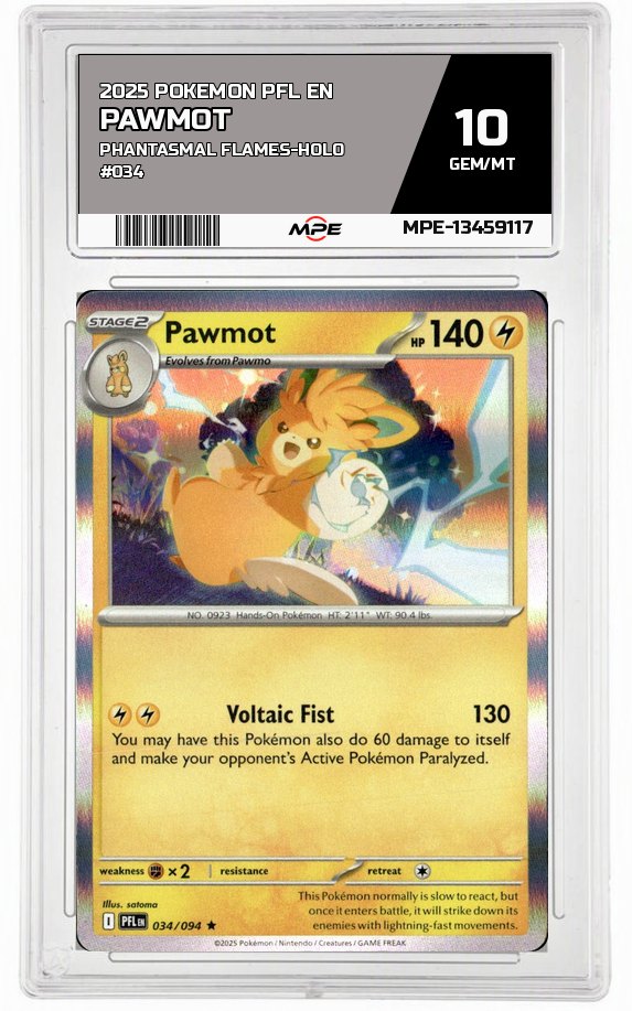 2025 POKEMON PFL EN PHANTASMAL FLAMES-HOLO #034 PAWMOT MPE 10 GEM/MT — graded card auctioned from the MPE vault